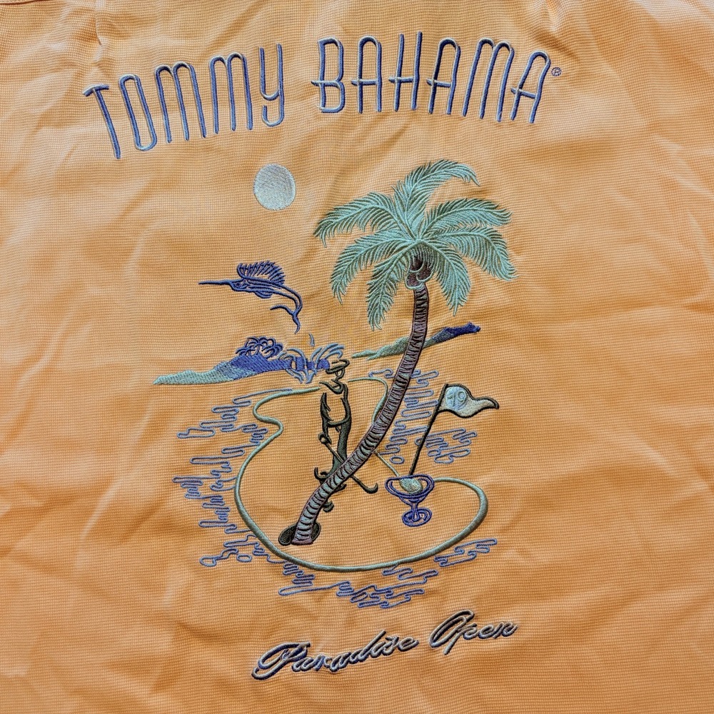 Tommy Bahama Shirt Orange Back Embroidery Golf Button Up 100% Silk Mens Medium M